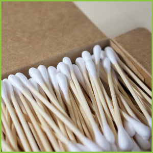 A close up shot of he bamboo cotton buds from Go Bamboo. They have a strong bamboo stick and natural cotton tips.