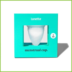 A menstrual cup from Lunette, packaged in a cardboard box. Size 2.