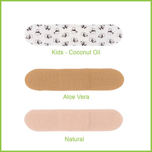 Three bamboo plaster strips showing the colours of the plasters. The Kids coconut oil plaster is white with a cute little panda print. The aloe vera plasters are a darker tan colour. And the Natural bamboo plasters have a paler tan colour.