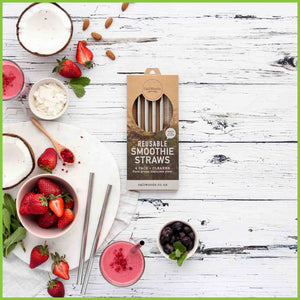 Caliwoods smoothie straws in their packaging on kitchen table top