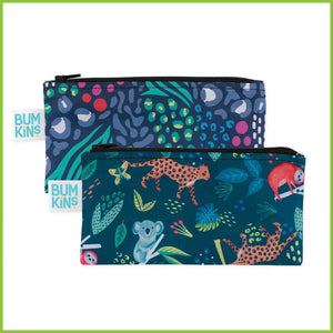 Two Bumkins snack bags - both a deep, dark green. One bag has sloths, koalas and leopards on it, and the other one has different jungle patterns in several different colours.