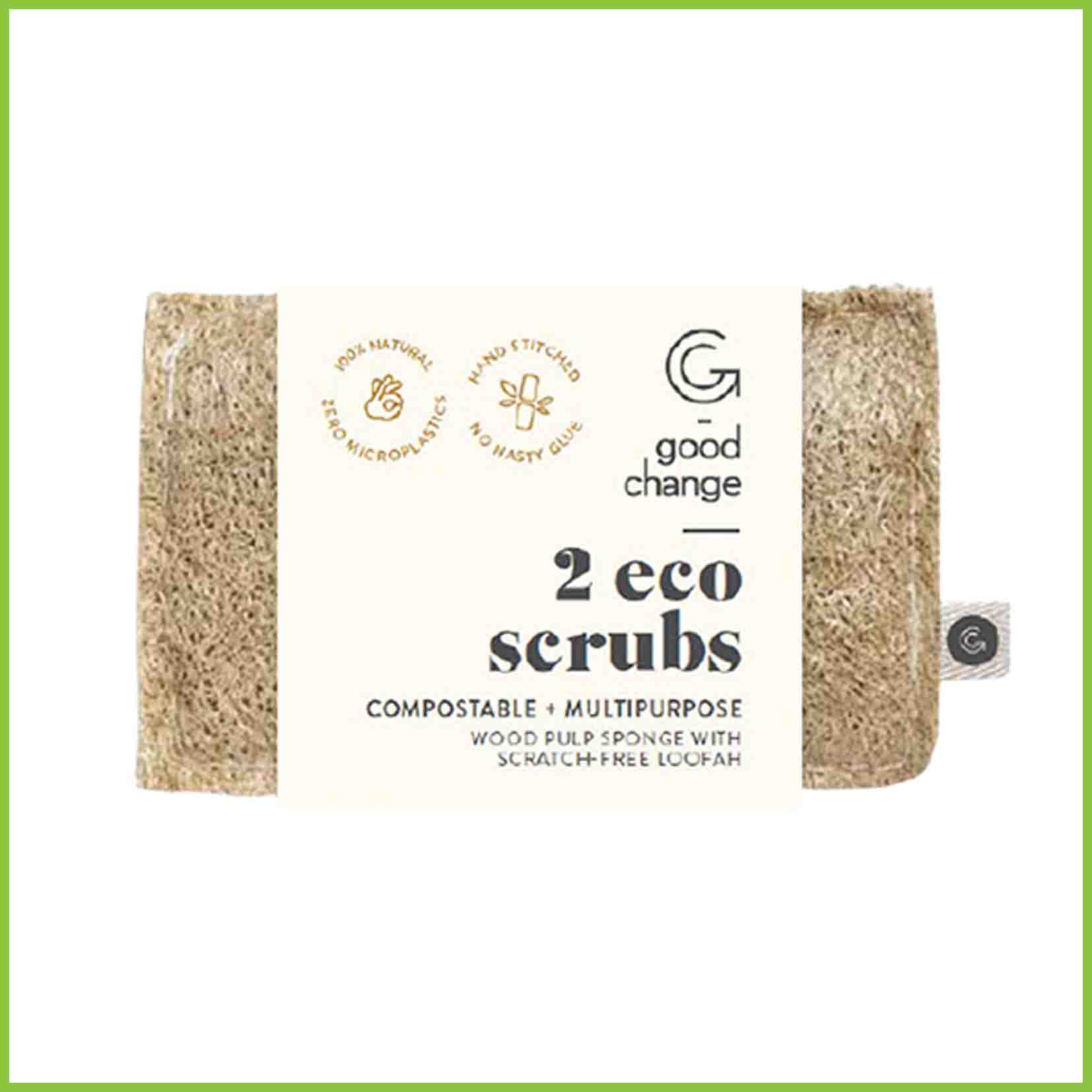A pack of 2 Eco Scrubs from the Good Change Store NZ. This is a product shot on a white background. The two eco scrubs are wrapped in a simple cardboard sleeve packaging.