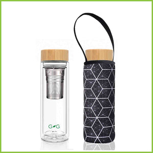 Double walled glass tea flask with a neoprene protective cover with a constellation print.