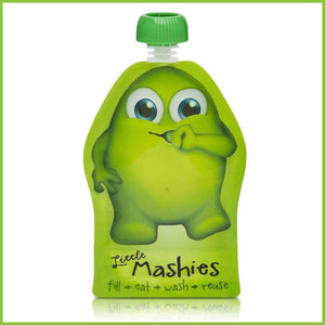 A green Little Mashies reusable food pouch.