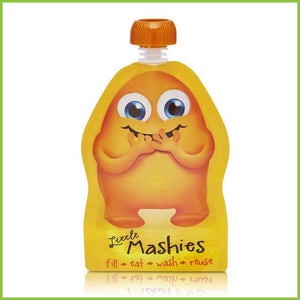 An orange Little Mashies reusable food pouch.