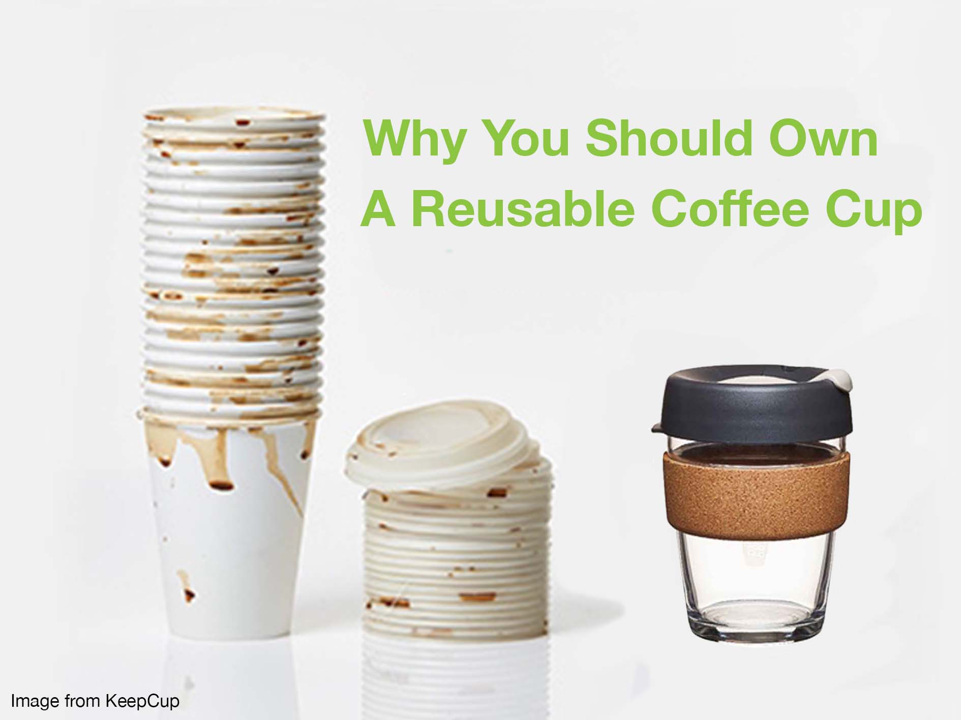 A tower of twenty used disposable cups next to one reusable coffee cup.