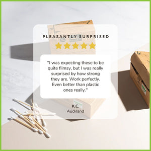 A product review for the bamboo cotton buds reading: "Pleasantly surprised - I was expecting these to be quite flimsy, but I was really surprised by how strong they are. Work perfectly. Even better than plastic ones really." By K.C. From Auckland.