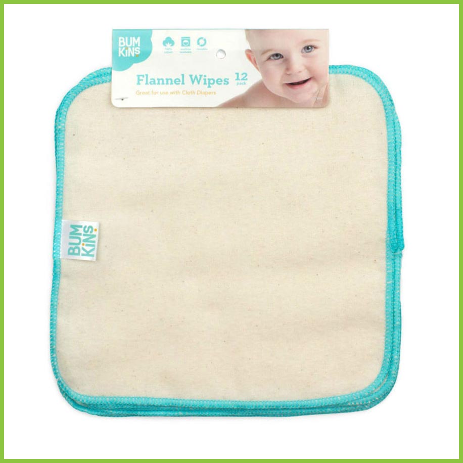 A pack of 12 reusable baby wipes from the brand 'Bumkins'. The wipes are packaged with a simple card label which reads 'flannel wipes, 12 pack'. The wipes are a natural cotton colour with an aqua-blue hem stitch all the way around the outside of each wipe.