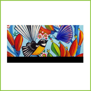 A full flat image of Irina Velman's piece of art called 'Fantail and Butterfly'. The art has a light blue background, and a bold yet delicate fantail in the foreground. Your eye is next drawn to a blue/purple butterfly to the right of the fantail. Surrounding them both are brigh red/orange and green closed flowers.