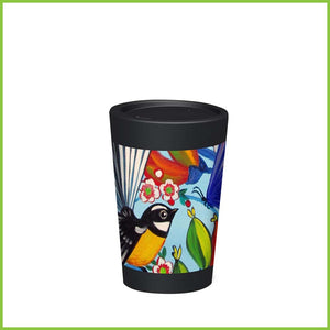 A reusable coffee cup from CuppaCoffeeCup with a bright and bold piece of artwork wrapped around it. The art has been created by Irina Velman, a NZ artist. The image is of a fantail and a butterfly surrounded by colourful flowers.