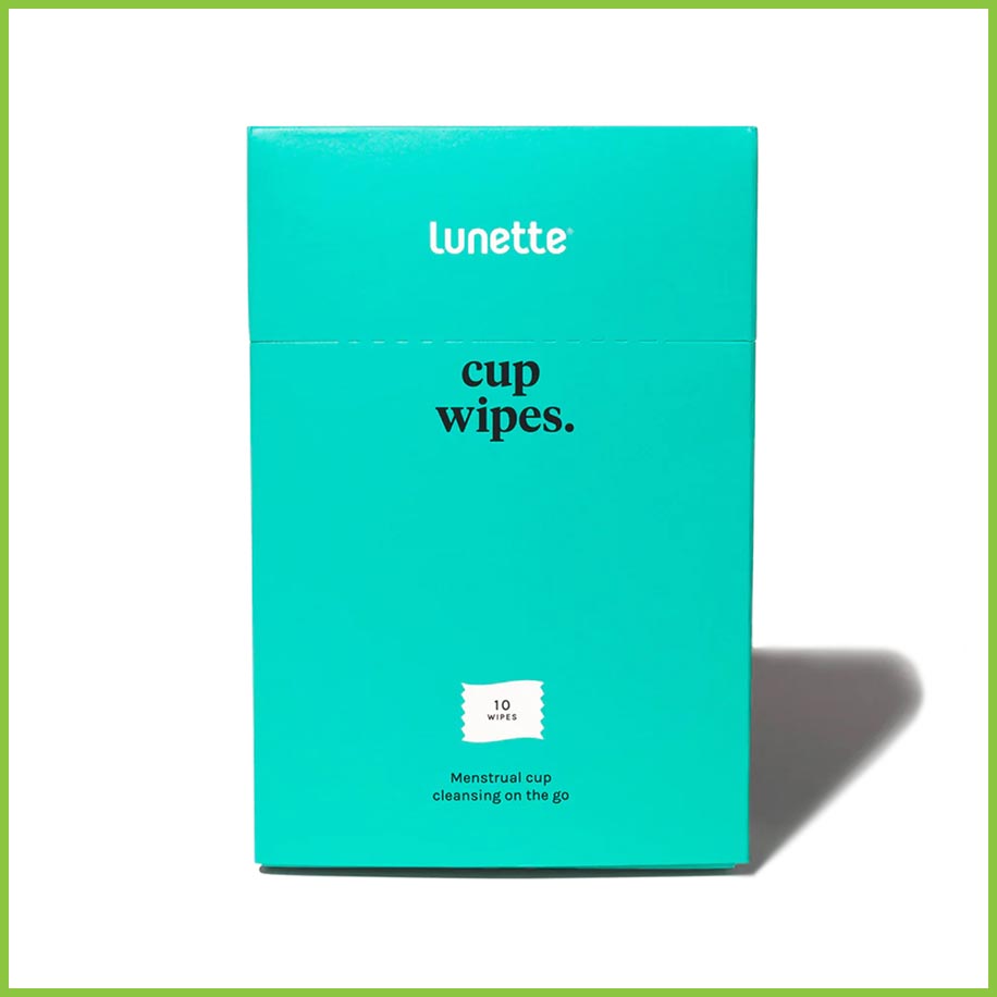 A box of ten menstrual cup cleansing travel wipes. From Lunette.