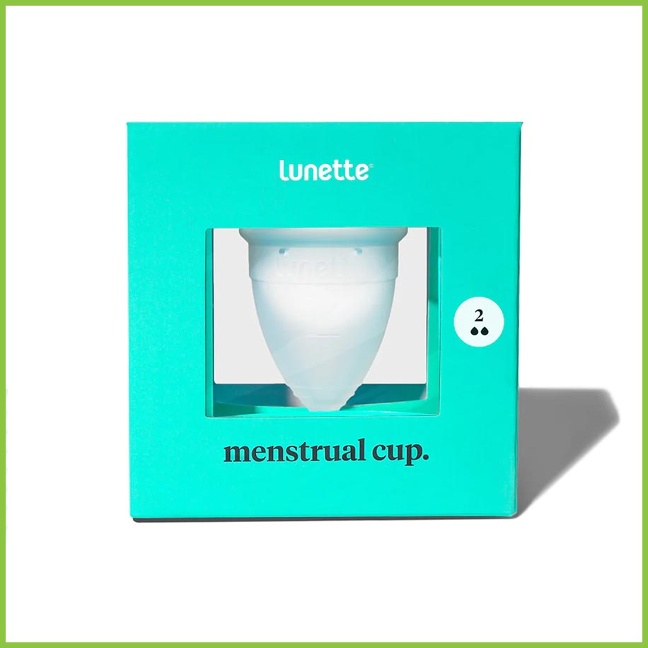 A menstrual cup from Lunette, packaged in a cardboard box. Size 2.