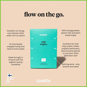 An image showing the benefits of Lunette menstrual cup cleaning travel wipes.