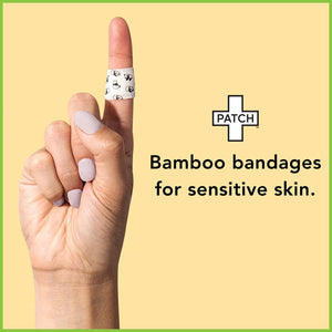 A hand being held up with a panda plaster wrapped around its finger. Text reads: 'Bamboo bandages for sensitive skin'.
