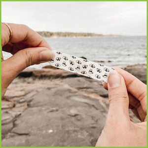 A panda plaster from PATCH being held up in front of the camera. In the background is the ocean, to demonstrate that the plasters are eco-friendly.