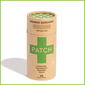 A cardboard tube of bamboo plasters from PATCH. These ones contain aloe vera which helps to soothe burns and blisters.