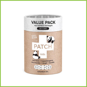 A cardboard tube of 100 bamboo plasters from PATCH. Packaging highlights that it is a 'Value Pack'. It also highlights that the plasters are 'non-toxic, hypoallergenic, eco-friendly, tough and durable'.