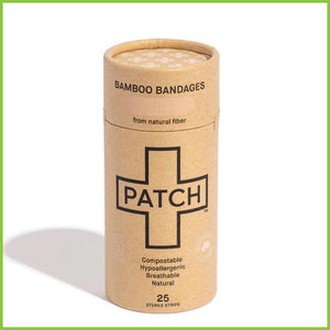 A cardboard tube of bamboo plasters from PATCH. Pack contains 25 plasters.