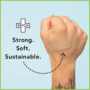A hand with a PATCH plaster on it. Text reads: Strong. Soft. Sustainable.