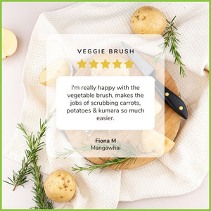 A customer review of Go Bamboo's veggie brush.  The testimonial reads: "Veggie Brush. I'm really happy with the vegetable brush, makes the job of scrubbing carrots, potatoes and kumara so much easier." By Fiona M, from Mangawhai.
