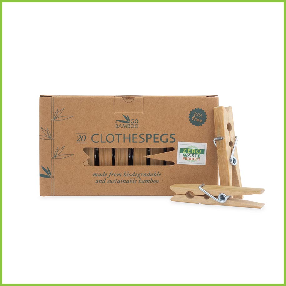 A box of 20 clothes pegs from Go Bamboo, packaged in a cardboard box. Clothes pegs are made from sustainable bamboo and stainless steel.