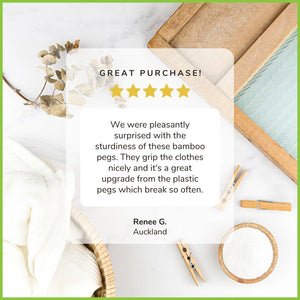 A customer review of the Go Bamboo clothes pegs. The review reads: "Great purchase. We were pleasantly surprised with the sturdiness of these bamboo pegs. They grip the clothes nicely and it's a great upgrade from the plastic pegs which break so often." By Renee G, from Auckland.
