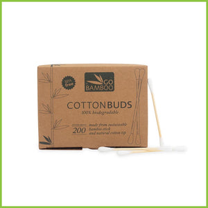 A cardboard box of bamboo cotton buds. Includes 200 cotton tips with a strong bamboo stick.