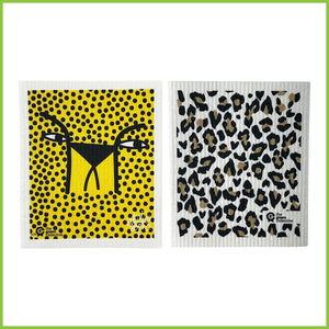 Two Swedish patented dish cloths. One with a cheetah design and the other with a leopard print design.