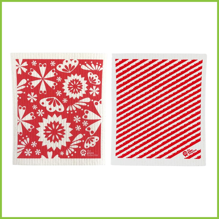Two Spruce dish cloths. Made from cellulose and cotton so that they are 100% compostable. One of these cloths has a red flower design, the other has a red stripe design.