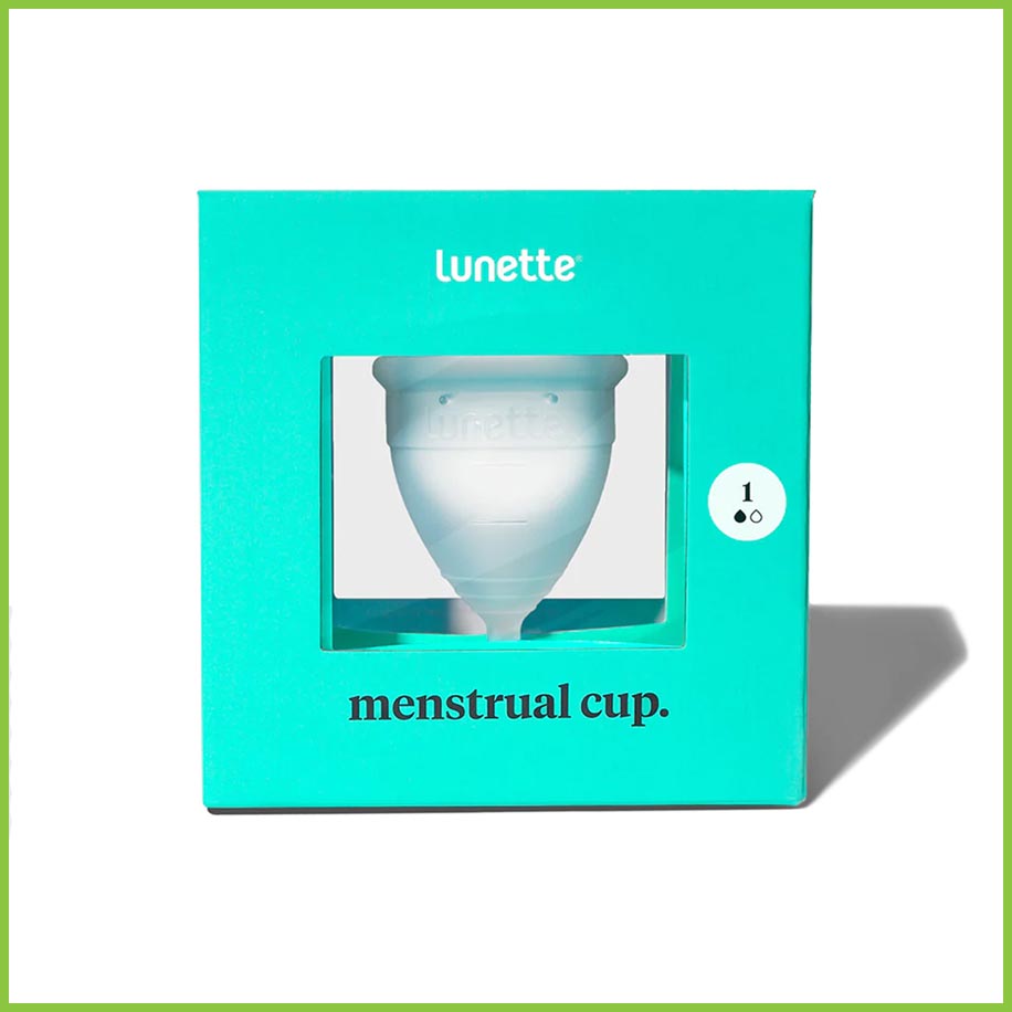 A menstrual cup from Lunette, packaged in a cardboard box. Size 1.