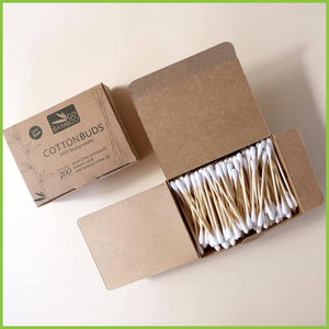 An open cardboard box of 200 bamboo cotton buds. From Go Bamboo NZ.