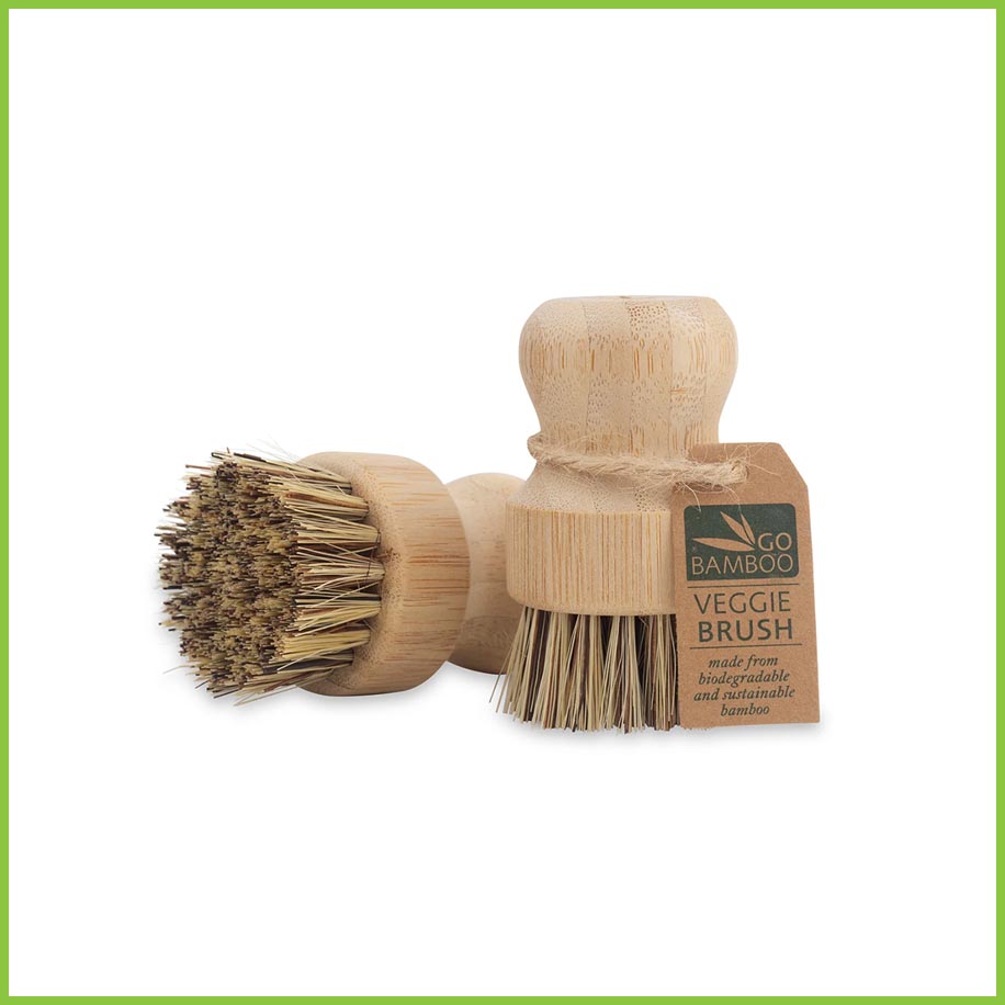 Two Go Bamboo veggie brushes on a white background. This is a product shot of the brushes at different angles.
