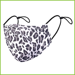 A reusable face mask with a black, white and grey animal print.