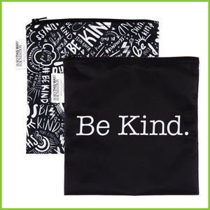 Two large snack bags or sandwich bags from Bumkins, with a black and white 'Be Kind' design from Lady Gaga's 'Born this way foundation'.