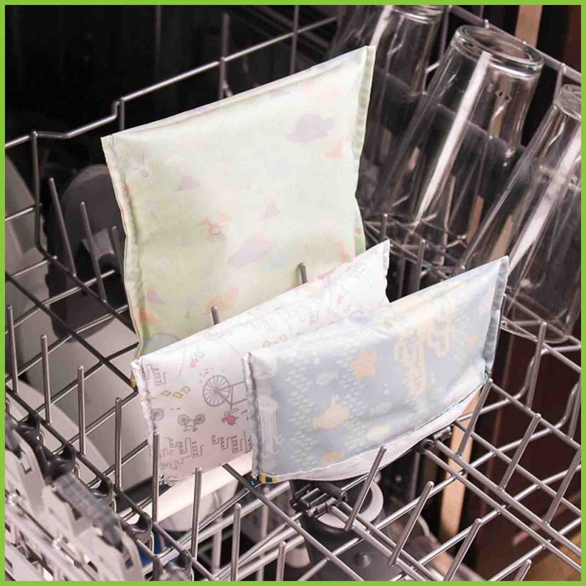 Thre Bumkins bags inside out in a dishwasher.