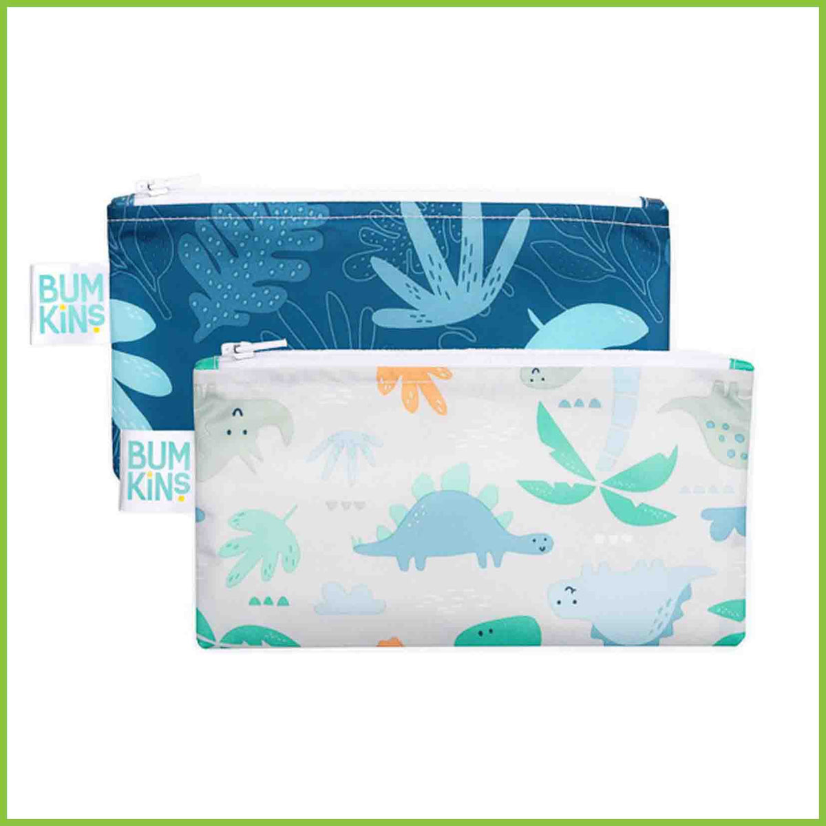 Two Bumkins snack bags - one with a dinosaur design and one with a blue tropical leaf design.