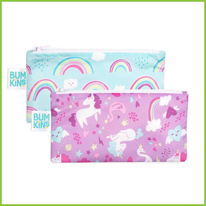Two Bumkins snack bags - one with a unicorn design and one with a rainbows design.