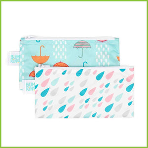Two Bumkins snack bags - one with a raindrops design and one with an umbrella design.