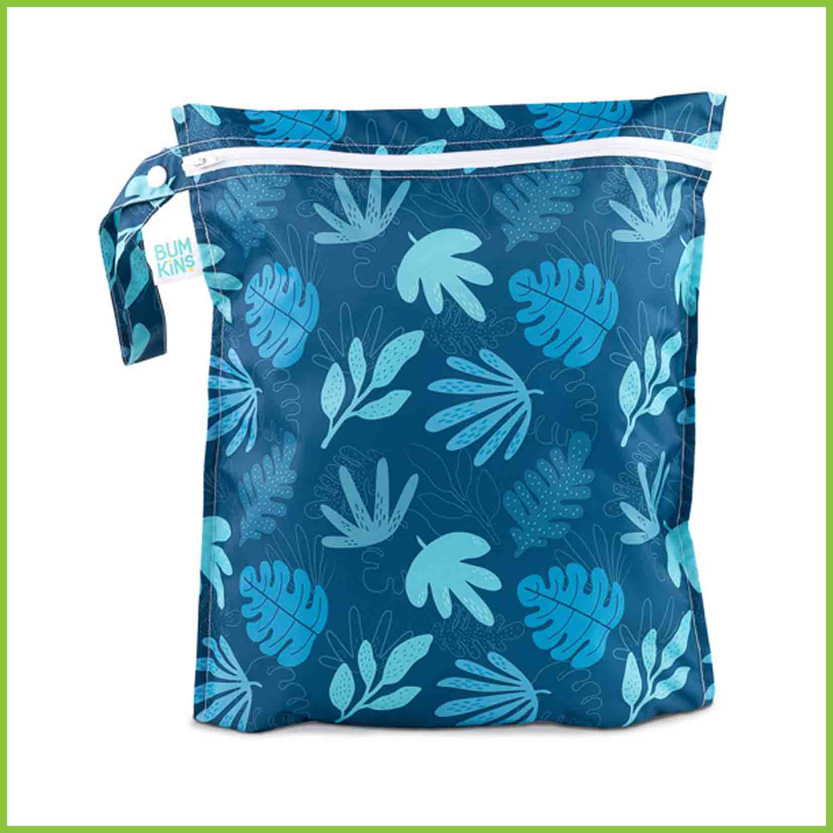 A Bumkins wet bag with a Blue Tropic print.