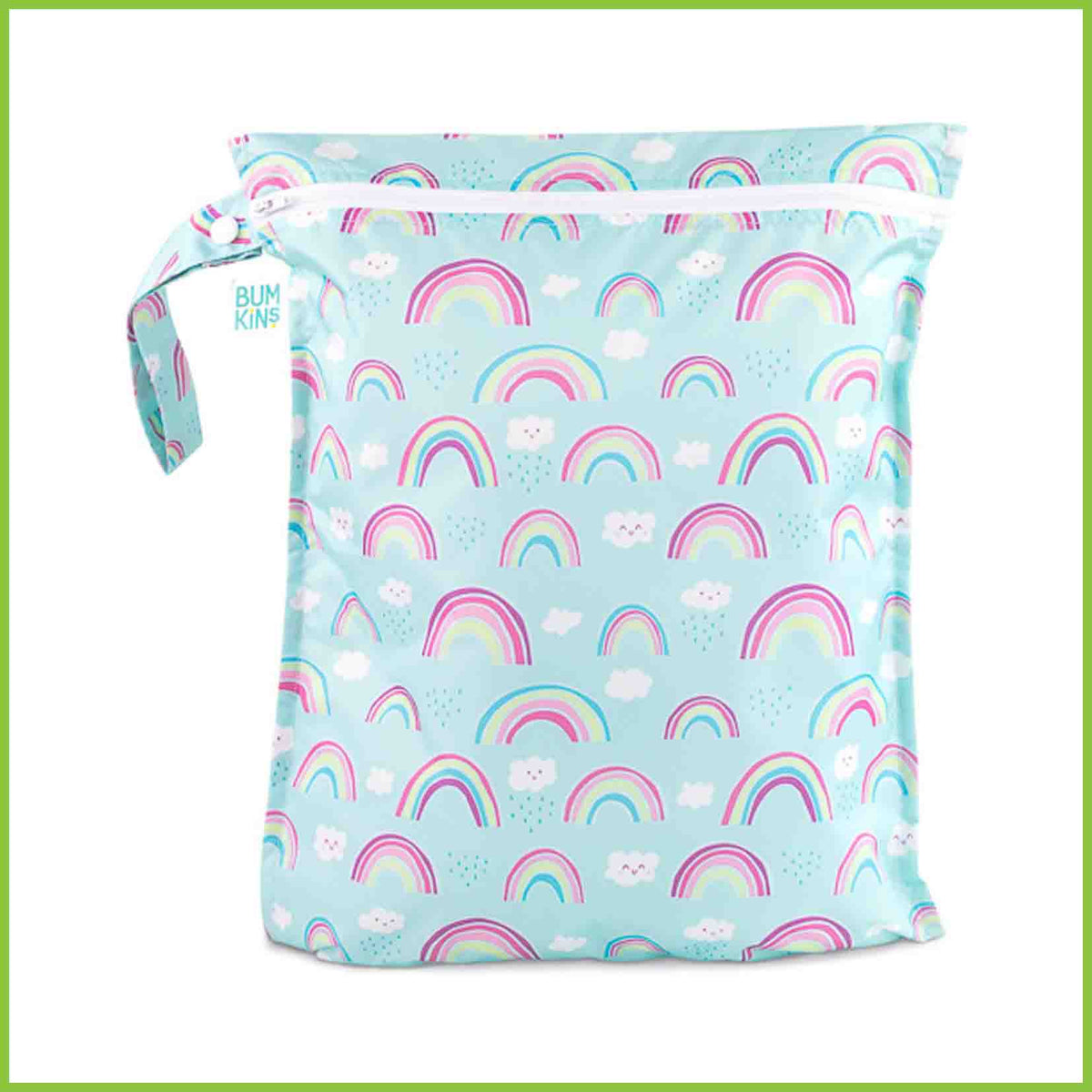 A Bumkins wet bag with a Rainbow print.