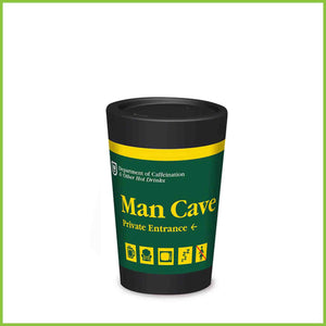 A lightweight reusable cup from CuppaCoffeeCup with a Mancave design.