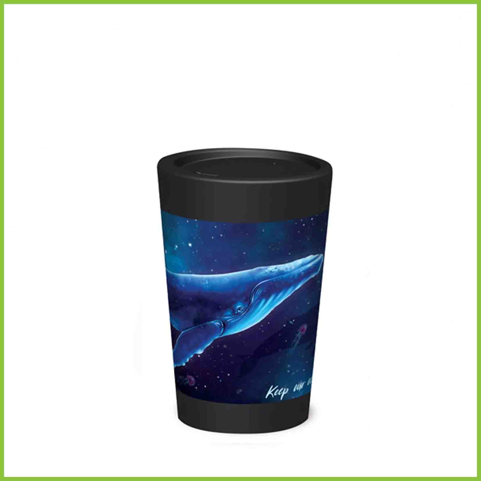 A lightweight reusable cup from CuppaCoffeeCup with a Humpback Whale design.