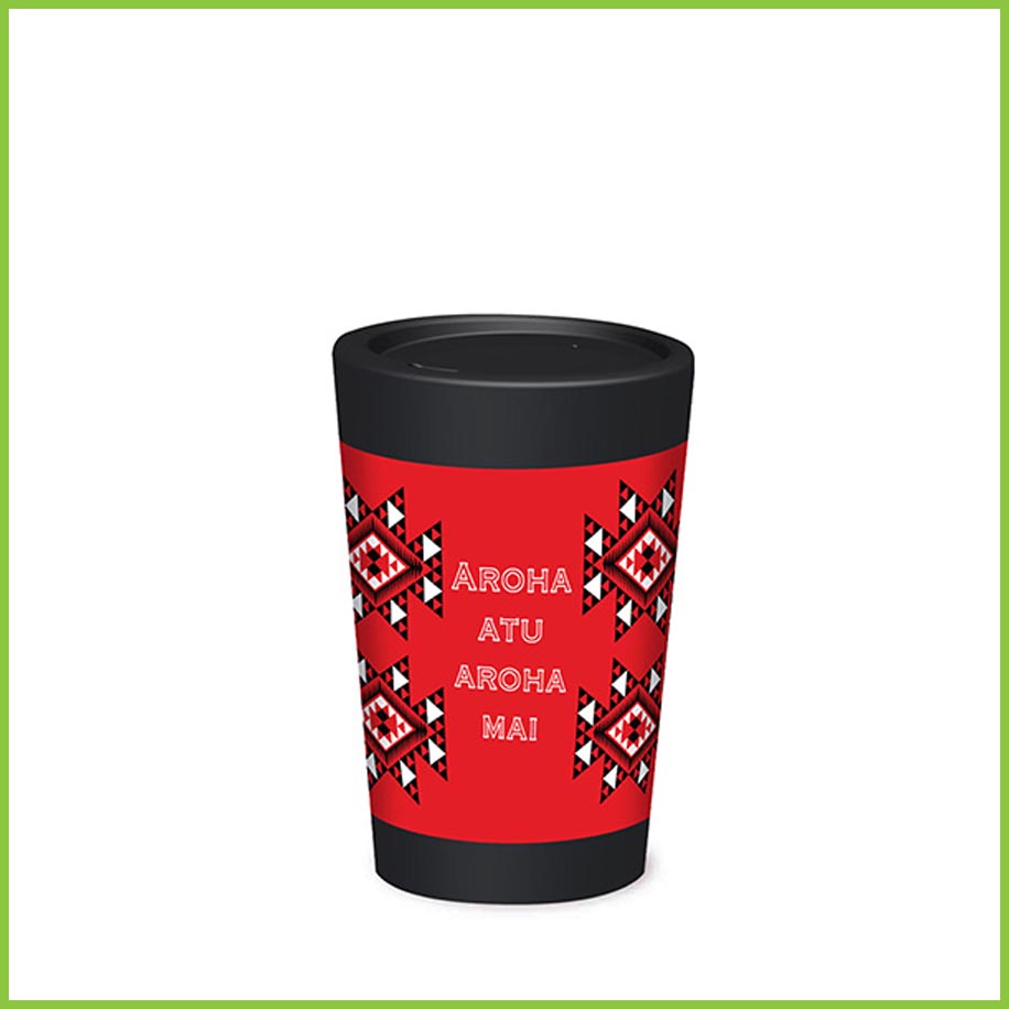 The CuppaCoffeeCup with the Aroha design. A red lightweight, reusable cup made from recyclable plastic, with the words 'Aroha atu, aroha mai' written on the side.