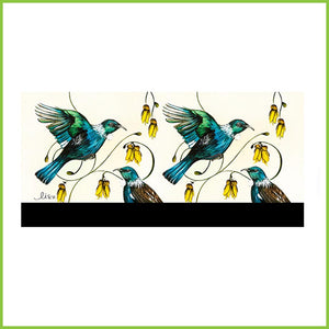 The full artwork from LoveLis that wraps around the Two Tui CuppaCoffeeCup. The artwork is repeated once. There are two tui. One flying, one sitting with flowers from the kowhai tree around them.