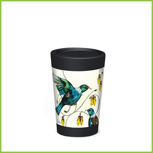 A CuppaCoffeeCup, reusable cup made from a lightweight, recyclable plastic. The cup has a piece of artwork wrapped around it of Two Tui and some flowers from a kowhai tree.