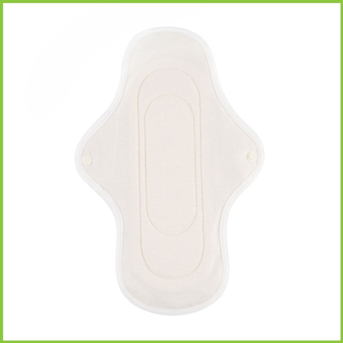 A medium sized reusable sanitary pad from Hannah on a white background. The non-patterned side is in full view showing you its dome snap fasteners and the stitching around the organic cotton layers.