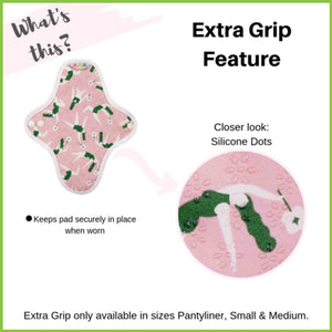 An information chart showing the silicone dots used to provide Hannah's panty liners with extra grip.