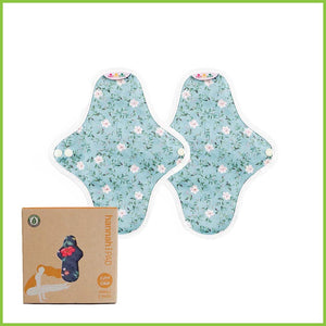 Two reusable sanitary pads in the small size from Hannah. This pack includes two organic cotton pads with a pretty blue design on the outer layer known as 'Edelweiss Blue'.