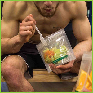 Kai Carrier reusable storage bag being demonstrated with a gym snack.