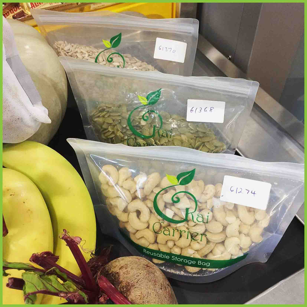 Kai Carrier reusable storage bags being used for bulk bin storage.